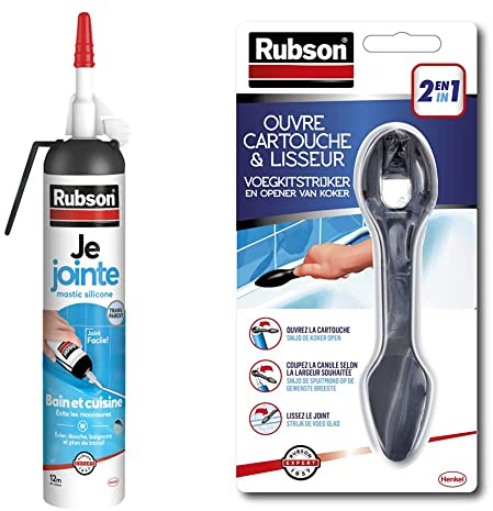 Lot de 2 produits Rubson - Mastic Je Jointe Transparent 200 ml, mastic étanche anti-moisissure en aérosol prêt à l'emploi & Cuisine & Ouvre cartouche et lisseur - pour tout type de mastic