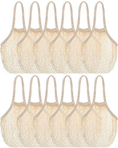 Eccliy 12 Pcs Reusable Cotton Mesh Grocery Bag Washable String Bag Farmers Market Shopping Net Bags Beach Organizer Bulk Aesthetic Portable Tote with Handles for Fruit Vegetable(Beige,10 in)