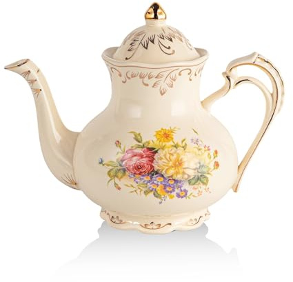 YOLIFE Floral Teapot, 35oz/4 Cup Vintage Ivory Ceramic Tea Pot with Infuser for Loose Leaf Tea, Flowering Shrubs Teapot with Gold Trim