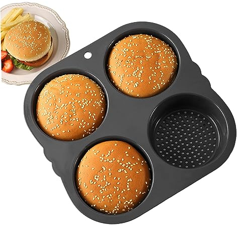 Hamburger Bun Mould Round Oven Tray Silicone Burger Bun Baking Tray with 4 Cavities Non-Stick Bread Baking Tin with Dense Porosity for Kichen Baking Tool