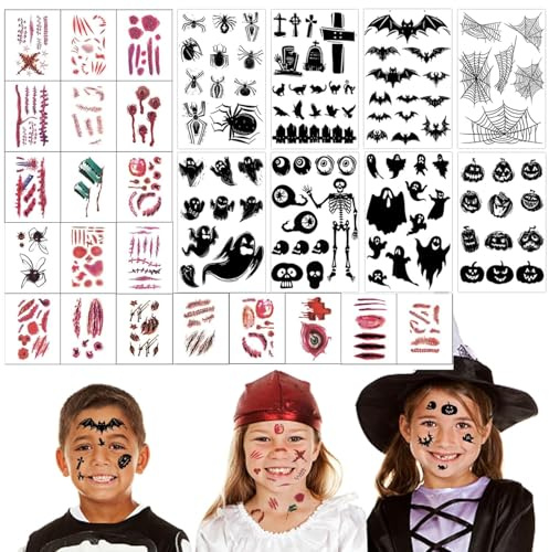 Halloween Spinnen Tattoo, 8 Blätter Halloween Temporäre Tattoo Aufkleber + 20 Halloween Narben Tattoo, Halloween Tattoos Aufkleber, Halloween Spinnennetz Tattoos für Halloween Kostüm Party