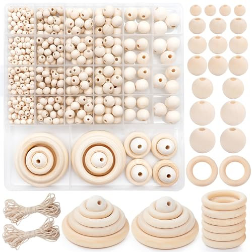 Dotilili Holzperlen Makramee Set 546 Stück, Natur Holzringe zum Basteln Runde Holzkugeln mit Loch Holz Perlen Kit Holzringe für Makramee Zubehör DIY Schmuck Herstellung