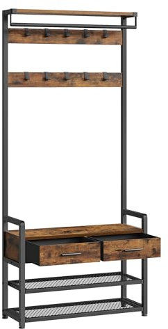 VASAGLE Garderobenständer mit Schuhbank, Garderobe, Schuhaufbewahrung, 2 Schubladen aus Stoff, 10 Haken, 6 seitliche Haken, 30 x 80,4 x 181,6 cm, vintagebraun-tintenschwarz HSR429B01