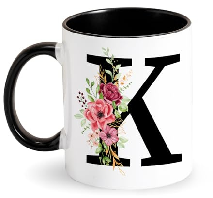 Personalisierte Tasse Buchstabe Kaffeetasse, Schwarz Tasse Geschenke für Damen, Freundin, Mama Taufpatin Frauen Familie Kollegin Tochter Geburtstag Valentinstag Muttertag Hochzeit Dankeschön (K)