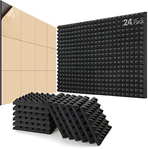 Mousse Acoustique Autocollante, Lot de 24 Panneaux Acoustique, 30 X 30 X 5cm, Mousse Anti Bruit, Gaming, Podcasting, Studio d'enregistrement, Bureaux