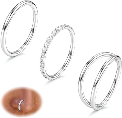 Diamday 3 st näspiercing, ring 316L kirurgiskt stål, näsring, piercing 16G/18G/20G CZ Conch, piercing, näsring, guld, silver, septum clicker, läppring, helix rook Tragus Daith 7 mm/8 mm/9 mm/10 mm,