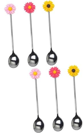 Zerodeko 6pcs Stainless Steel Mixing Spoon Daisy Stirring Stick Juice Stirrer for Coffee Bar Kitchen Random Color