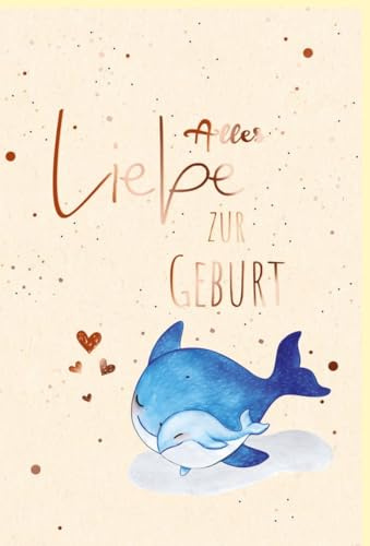 Skorpion Glückwunschkarte zur Geburt - Wale & Herzchen Design, Zuckerrohrpapier, Roségoldfolie, Pastell Blau & Rosa für Eltern und Freunde - mit Umschlag