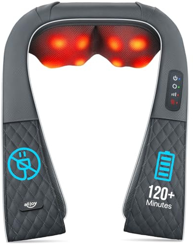 Kabelloses Nackenmassagegerät mit Wärmefunktion, ALLJOY Shiatsu Massagegerät mit 3D-Rotierenden, Tragbar Schulter Massagegerät mit Verstellbarem Riemen, Geschenke, Grau