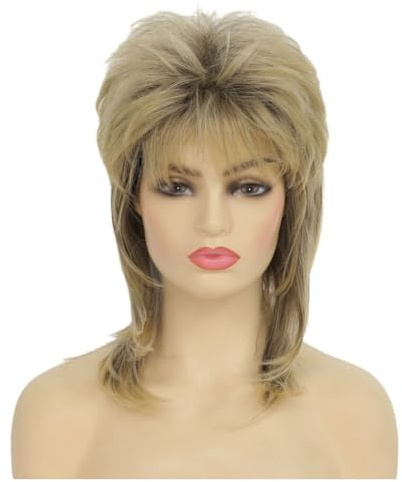 Salaibs Blond Vokuhila Perücken für Damen 80er Kurz Disco Shaggy Perücken Schichtweise 70er Jahre Haar Perücke Natürliche Synthetische Faser Cosplay Rocker Perücke