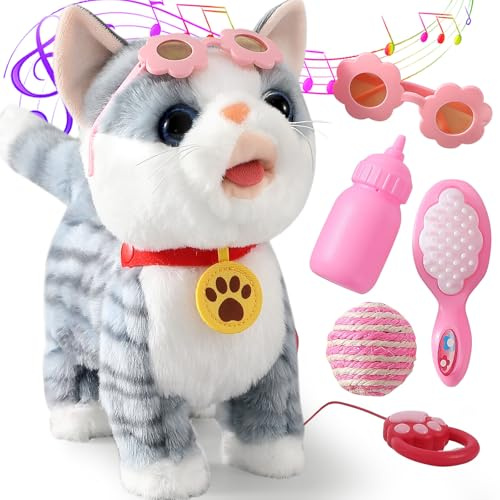 Gray Walking Cat Set Interactive Toy Cat for Girl Repeat What You Say Toy Kitten Talking Singing Dancing Touch Control Robot for Kid with Leash Wagging Tail Nodding Plush Electric Kitty