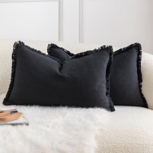 Mandioo 2er Set neutralen Baumwolle Quasten Kissenbezug 30x50cm Dekorative Kissenbezüge Dekokissen Boho Sofakissen Kissenhülle für Couch Sofa Schlafzimmer Wohnzimmer Heimdekoration Schwarz