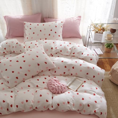 Lanqinglv Bettwäsche 220x240 Mädchen Weiß Rosa Rot Herzen Microfaser | ÖKO-TEX Zertifiziert,aus Microfaser,für Allergiker,Aesthetic Bettbezug mit Reißverschluss und 2 Kissenbezug 80x80 cm