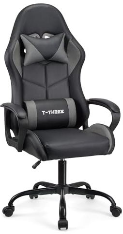 T-THREE.High-back ergonomic gaming chair, computer, office, desk chair, swivel seat, racing-style seat with 150kg weight capacity.(Grey)