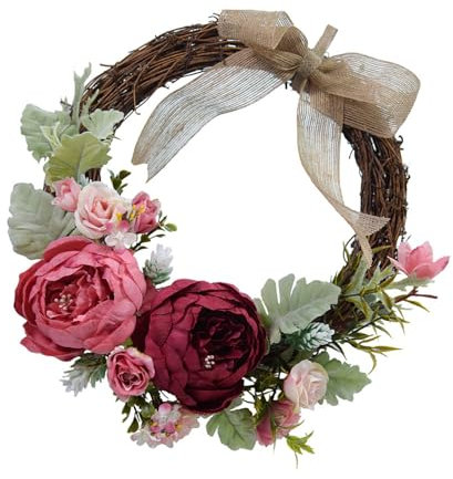 Künstlicher Blumenkranz, Rebenkranz, 26 cm, Frühlingskranz für Haustür, Flur, Garten, Bauernhäuser, Hochzeitsdekoration