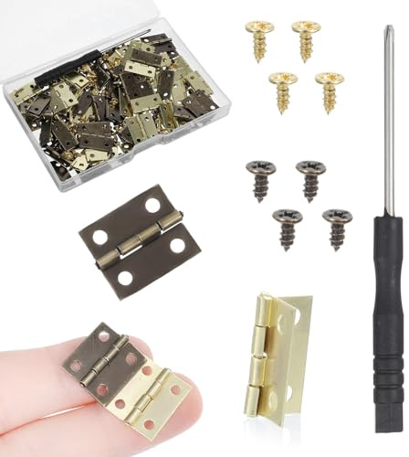 Yuanchu 60 Pcs Mini Hinges, Small Brass Folding Hinges with Screwdriver and 240 Screws for Wooden Box, Jewelry Box, Dollhouse, Miniature Furniture