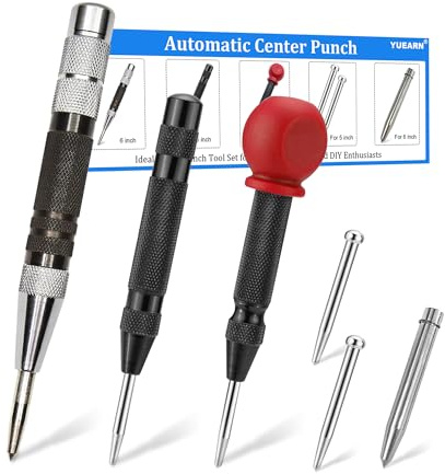 YUEARN 3PCS 6 and 5 Automatic Center Punch with 3PCS Replacement Tip, Adjustable Spring Loaded Center Punch, Center Hole Punch Tool for Wood, Metal, Plastic, Stone and Glass