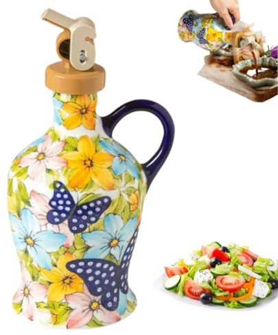 Ceramic Olive Oil Dispenser Bottle 20oz, Vintage Olive Oil Dispenser Bottle Italian Ceramic Olive Oil Dispenser Bottle, Decorative Stoneware Olive Oil Bottle for Coffee Syrups, Sauces (Blue)