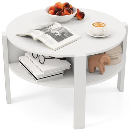 LIFEZEAL Tavolino Salotto Rotondo a 2 Ripiani con 4 Scomparti Aperti, Bianco, in Legno, Tavolino da Caffè, Divano, Tavolo Soggiorno, Moderno, Salvaspazio, Semplice, Ø74,5x45,5cm, Max 100kg
