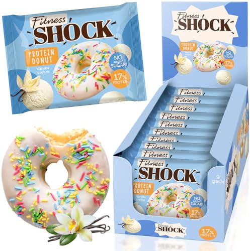 FitnesSHOCK Protein Donut Kekse-Biskuit mit Streuseln, 12g/17% Eiweiß ohne Zuckerzusatz ballaststoffreicher Snack mit Vanille Füllung Palmölfrei - Vanille Geschmack 9x70g