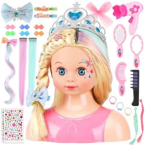 Tête de poupée coiffante pour enfants avec ensemble de coiffure de 25 pièces – Extensions colorées et accessoires royaux – Tête de poupée de maquillage pour filles à partir de 3 ans, cadeaux