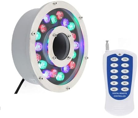 GUODDM Faretto Subacquei - Faretti Piscina, Illuminazione per Laghetto con Foro Centrale Ad Anello Impermeabile IP68, Lampada da Giardino RGB AC 12/24 V, con Telecomando(9W(24V))