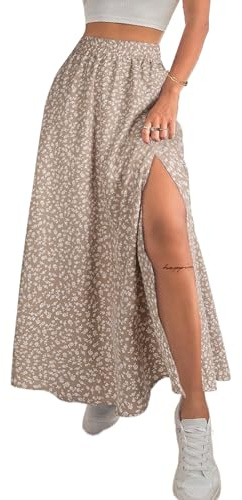 Avanova Women Boho Floral Slit Maxi Skirt Split Thigh High Waisted Long Skirts Apricot Large