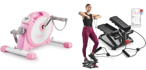 Sunny Health & Fitness Under Desk Smart Mini Pedal Exerciser, Dual Function Exercise Cycle Bike + Total Body Smart 2-in-1 Stepper Machine, Total Body Workout, Adjustable Hydraulic, LCD Monitor