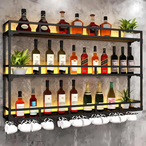 SPTZQURY Portabottiglie di vino da Parete con Portabicchieri da Liquore in Metallo Industriale Scaffale Galleggiante Mensola a 3 livelli Multifunzione Espositore per Vino con Guardrail (nero, 100cm)