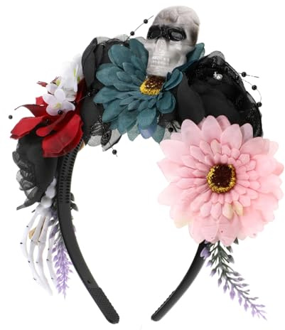 Anneome Färgglad Halloween Hårband med Blommor och Skelettdekoration Festligt Huvudband Maskerad Karneval och Halloweenkostym