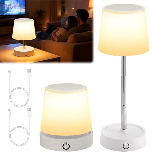 HOVCEH 2 Stück LED Tischlampe, Tischleuchte Kabellos, Höhenverstellbar, Kleine LED Nachttischlampe Touch Dimmbar, Tischlampe Akku USB Aufladbar, 27*10 cm, für Nachttisch Schlafzimmer Wohnzimmer, Weiß