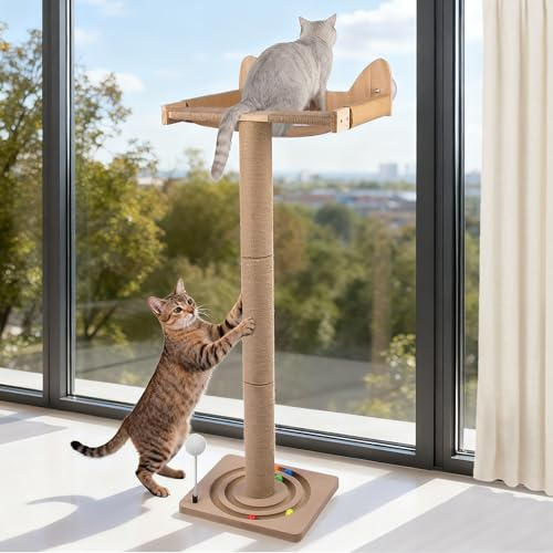 Bartuke Percha para ventana para gatos con postes rascadores altos de sisal, hamaca ajustable de 45 pulgadas con 3 ventosas fuertes, cama con ventana para gatos para dormir en el interior, jugar y