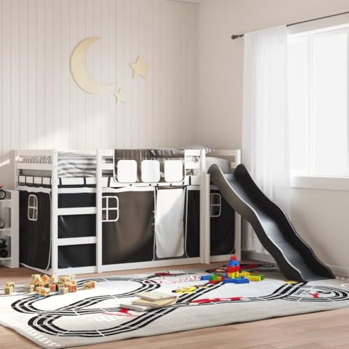 QJBSAVVA Hochbett mit Rutsche Weiß Schwarz 90x200 cm Kiefernholz Etagenbett Gardinen Rausfallschutz Spielbett für Kinder ab 6 Jahren