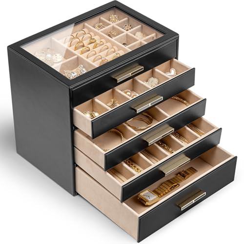 VLANDO Schmuckkästchen Groß,Schmuckaufbewahrung mit 5 Ebenen,PU leader | Schmuck Organizer für Halsketten, Ohrringe, Uhren, Armbänder，Wohndekoration, Geschenk für Damen,Schwarz