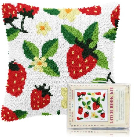 FREEBLOSS Kit de Coussin à Crocheter Taie D'Oreiller Imprimée Fraise Kit de Coussin à Crocheter pour Débutants et Adultes Kit de Bricolage pour Coussin Décoratif Fait Main Canapé 17x17