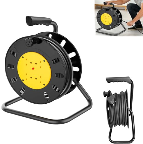 4 Socket Open Cable Reel Extension Lead, Heavy Duty Outdoor Extension Lead, Thermal Cut Out Protection, Portable Power Cable Reel Length Options (10m/15m/25m/50m) for Garden, Workshop, DIY, Power Tool