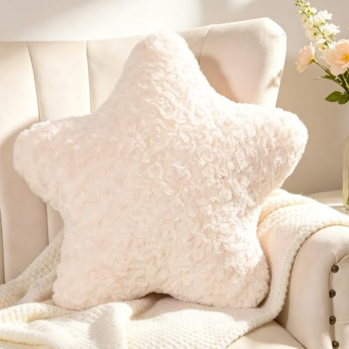 Guaginmy Cojín con forma de estrella, color beige, con forma de estrella, bonito cojín decorativo, diseño de estrella de peluche, para salón, sofá, niño, dormitorio, cama, regalo, 35 x 35 cm
