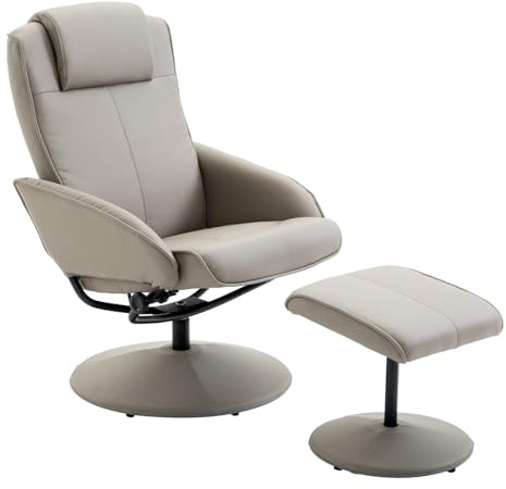 HOMCOM Recliner Chair and Footstool, Swivel PU Leather Upholstered Armchair with Footstool and Adjustable Backrest for Living Room, Bedroom, Grey