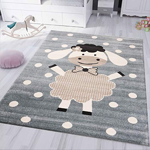 VIMODA Kinderteppich Kinderzimmer Babyteppich Fröhlicher Schaf Mint Blau Beige Dots, Maße:Ø 120 cm Rund