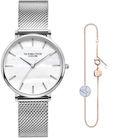 VICTORIA HYDE Damen Quarz Uhren Armreifen Set Edelstahl/Lederarmband