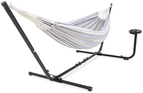 VITA5 Hängematte mit Gestell und Tisch für Garten Camping Balkon | Entspanne im Garten oder beim Camping auf Weichem Baumwollgewebe mit Verstellbarem Gestell und Tragetasche