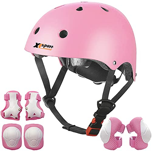 Barn multisporthjälm med knä- och armbågsdynor och handleder 7 delar barn pojkar och flickor utomhussport säkerhetsutrustning set för skateboard cykling skridskoåkning skotrar (4-8 år) (rosa)