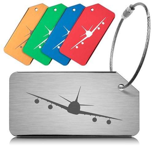 Pack of 5 ACE Strong Aluminium Luggage Tags, Secure, Easy to Spot, Privacy, Variety of Colours, Strong Steel Cable