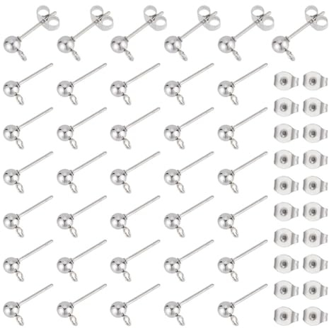 UNICRAFTALE 100 pezzi (50 coppie) Orecchini in acciaio inox, componenti di borchie a sfera da 0,8 mm con fibbia aperta, orecchino con orecchino indietro