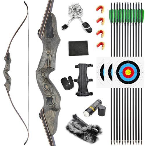 SHARROW Bågskytte Takedown Recurve Båge och Pil Set 60 tum Vuxen Amerikansk Jaktbåge 25-60lbs Recurvebågar Traditionell Träbåge för Jaktskytte Utomhus (60lbs, Typ 2)