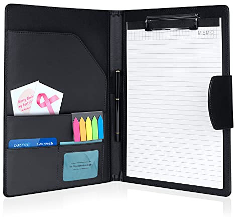 Leder Klemm Brett Mappe DIN-A4, Dokumententasche Klemmbrett Schreibmappe mit Magnet-Verschluss mit Papier und Stift, Schwarz