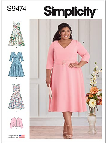 Simplicity Schnittmuster-Set für Damen, Jacke und Kleid, Code S9474, Größen 26W-28W-30W-32W, mehrfarbig