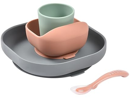 Béaba Set Vajilla Silicona Comida Bebé, con Ventosa, Antideslizante, 4 Piezas, Plato Bol Vaso Cuchara, Silicona Sana y Duradera, Apto Lavavajillas, Microondas, mineral