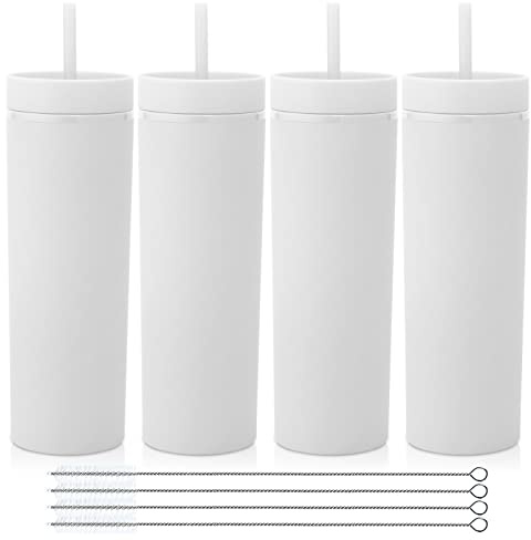 Volhoply 600ml Trinkbecher mit Deckel und Strohhalm Viererpack,Doppelwandiger Wiederverwendbar Reisebecher,BPA-freier Matte Pastellfarben Acryl-Plastikbecher für Fruchtsaft,Geschenk,Eiskaffee(Weiß,4)