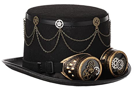 Unisex Erwachsene Steampunk Zylinder Hut mit Brille Damen Herren Punk Halloween Cosplay Karneval Kostüm Zubehör (Schwarz, 61cm/24.02 inches)
